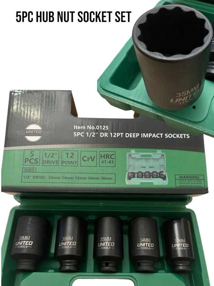 US PRO BY BERGEN Juego de enchufes de tuerca de buje de eje de 12 puntos United 1/2" enchufe de impacto profundo de pared delgada