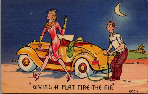 Vintage Alvon, West Virginia lustige Postkarte platter Reifen auf Auto Original #3010