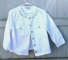 Laura Ashly white Denim Jacket Size Medium With Silver Rimstones