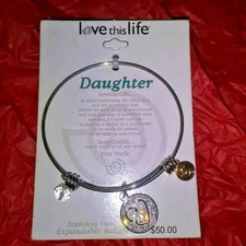 Love This Life DAUGHTER Stainless Steel Expandable Bangle Bracelet Silver Charms