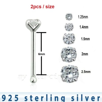 925 Sterling Silver Nose Studs 22g with Tiny 1.25mm Clear Crystal Prong