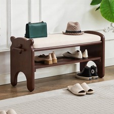 Walnut Solid Wood Shoe Bench 2-Tier Wooden Entryway Bench with Leather Cushion