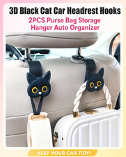 3D Black Cat Car Headrest Hooks 2PCS Purse Bag Storage Hanger Auto Organizer