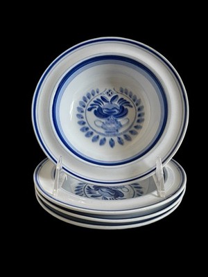 FOUR  Arabia Finland ''Blue Rose'' 6 1/2 Inch Cereal Bowls! Hand painted.