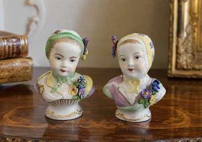 Manufacture impériale de Vienne, Paire sculptures porcelaine, bustes filles 1800 - Photo 1/4
