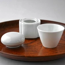 Antique White Porcelain 3-Piece Set Choko Cup Stand Tea Ceremony Japan