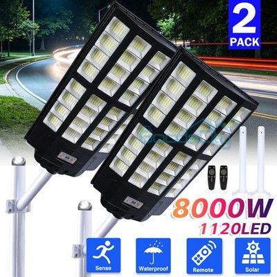 2PCS 8000W 1120 LED Solar Street Light Outdoor Dusk to Dawn Motion Sensor