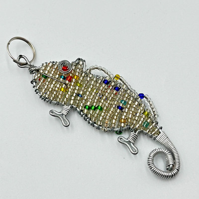 Vintage Wire Wrapped Lizard Keychain Beaded Chameleon Reptile Charm Silver Tone