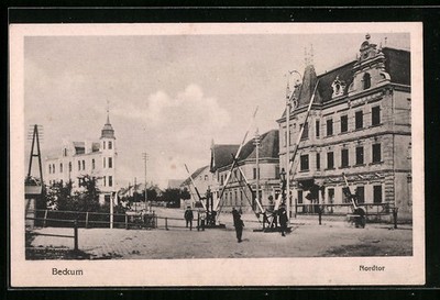 Beckum / Westf., postcard, barrier at the North Gate 