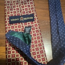 Tommy Hilfiger Men’s Red/Blue Geometric Woven Silk Pointed Tie, MADE IN USA
