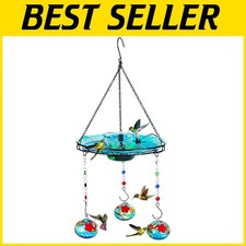 Elegant Blue Glass Hummingbird Feeder  Bird Bath with Solar Fountain Feature