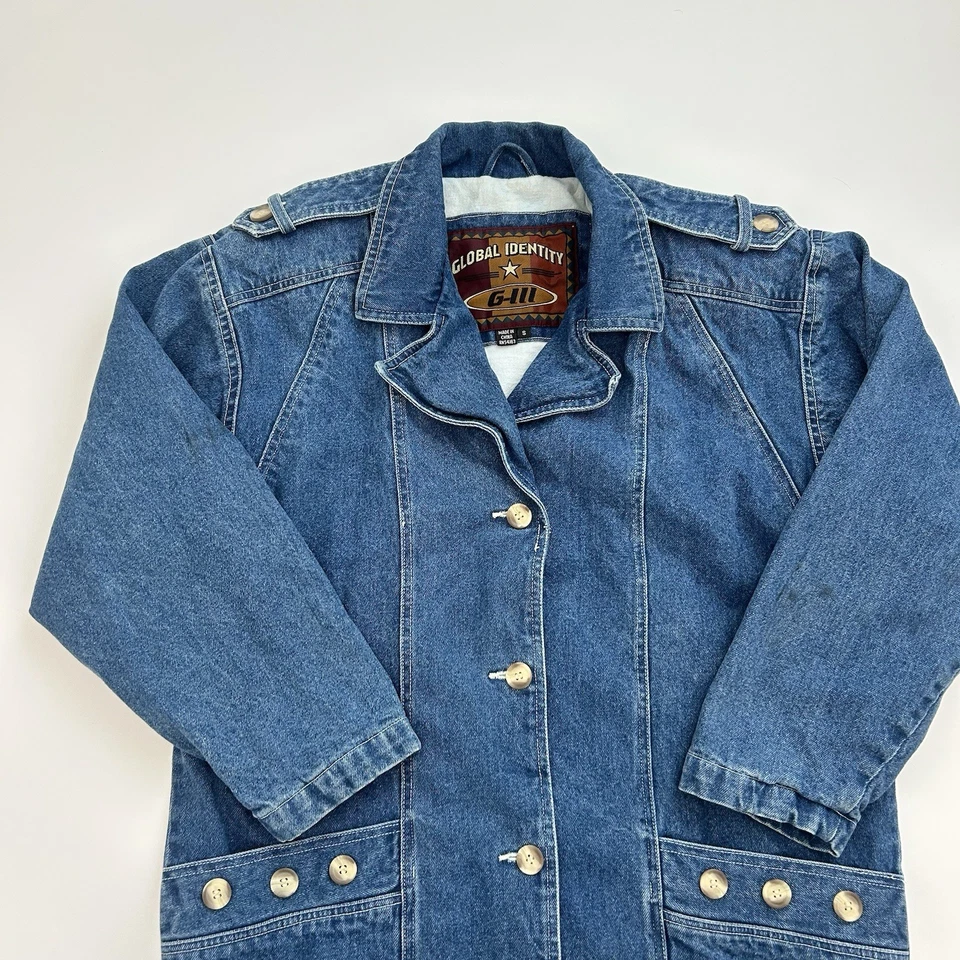 Vintage Global Identify Long Floor Denim Jean Jacket Trench Coat Womens Sz Small - Image 3 of 4