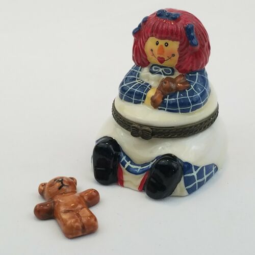 Vintage Ceramic Raggedy Ann Hinged Trinket Box Teddy Bear Inside - Picture 1 of 5