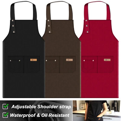 Unisex Bib Apron with Three Pockets Waterproof Adjustable Kitchen Cooking Apron