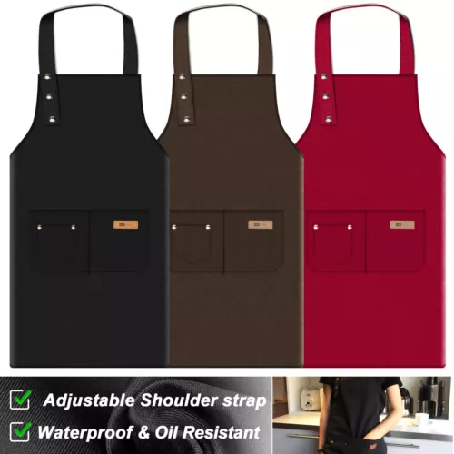 Mens Women Cooking Aprons Kitchen Restaurant Chef Bib Apron Dress with 3 Pockets - Picture 1 of 15