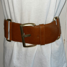 Topaz wide brown leather cream elastic belt with gold buckle