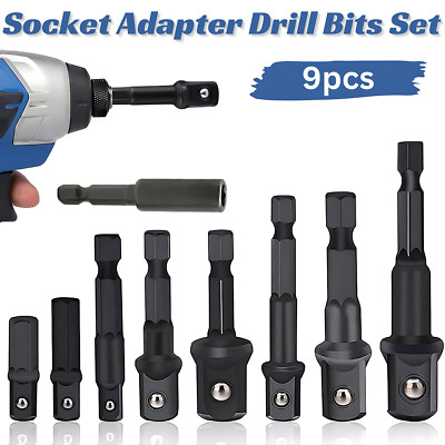 9Pcs Socket Adapter Drill Bits Set Hex Impact Driver Tools 1/4'' 3/8'' 1/2'' Shank