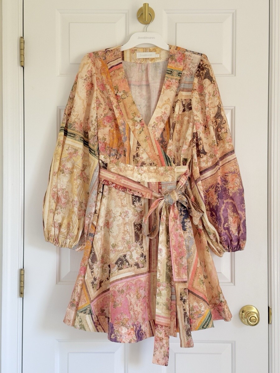 NWOT Zimmermann August Patch Floral Linen Wrap Mini Dress