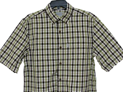 Carhartt Mens M Work Shirt Short Sleeve Button Front Plaid Cotton Canvas Top - Picture 3 of 4