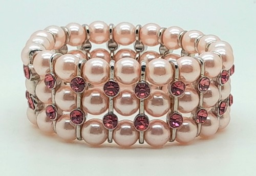 WIDE PINK GLASS PEARL 3 Strands PINK RHINE STONE Stretch FASHION BRACELETS - Picture 2 of 8