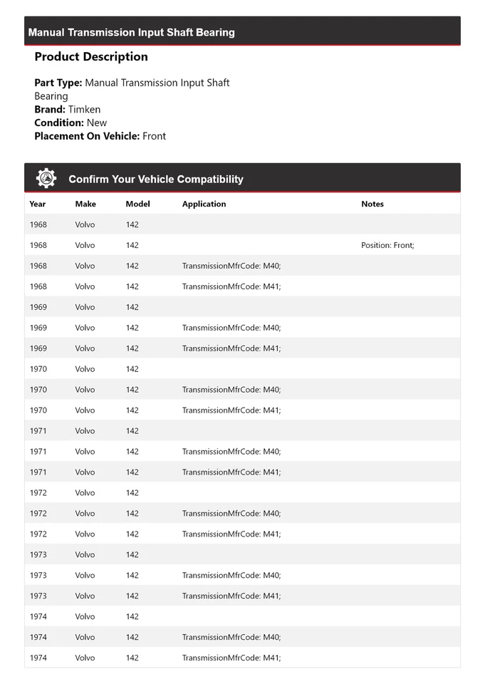 Cojinete de eje de entrada de transmisión manual Timken 1969 1970 para Volvo 142 1968-1974 Foto 2 de 4