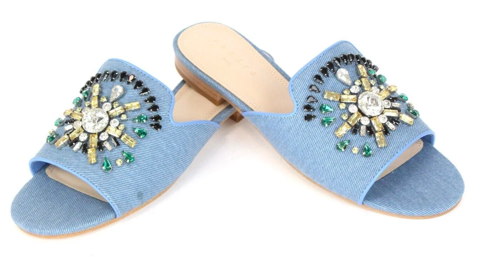 SANDRO Essia Denim Shoes Women's EU 37 / UK 4 Sandals Slip On Rhinestone - Image 2 of 4
