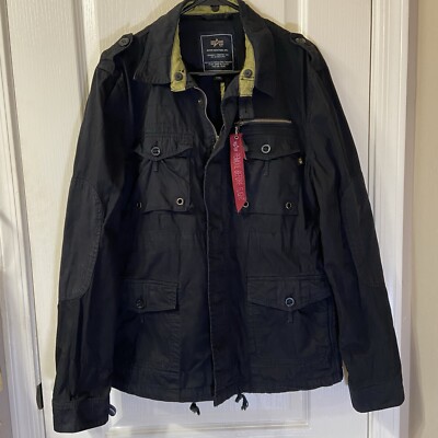 Alpha Industries Cargo Field Jacket Black Multi Pocket Cotton Canvas L-XL