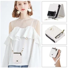 For Samsung Galaxy Z Flip 4 / 3 Case Premium Leather Wallet Cover Shoulder Strap