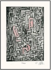Life Maze FEELING MENTALLY TRAPPED. Original Cubist Expressionist ETCHING Signed