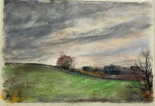 Franz Ehmke *1928-2018 Berlin Tree in Field Dark Clouds Pastel Signed