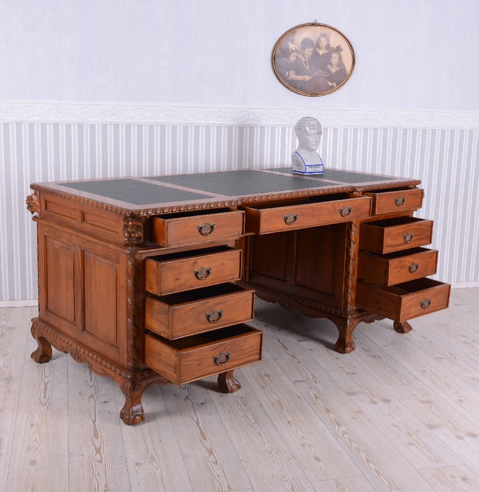 Luxus Schreibtisch Mahagoni Löwenköpfe Chefschreibtisch Bürotisch Computertisch  - Bild 2 von 4