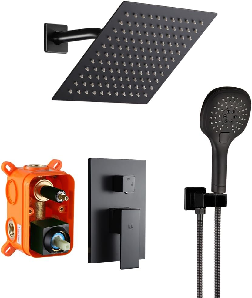 Black Shower System Bathroom Rainfall Shower Faucet Set Complete Wall Mounted 8