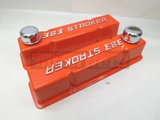 383 Stroker Logo Small Block Chevy Orange Aluminum Valve Covers w/ Breathers 