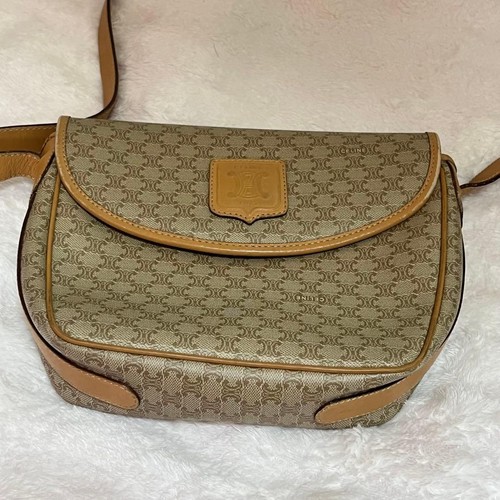 Celine Macadam Shoulder Bag PVC Leather Trim Beige Brown Classic Pattern