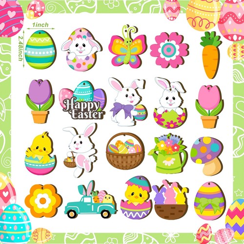 40 Pcs Easter Wooden Ornaments Easter Tree Decorations Wooden Bunny Hanging D... - Picture 3 of 6