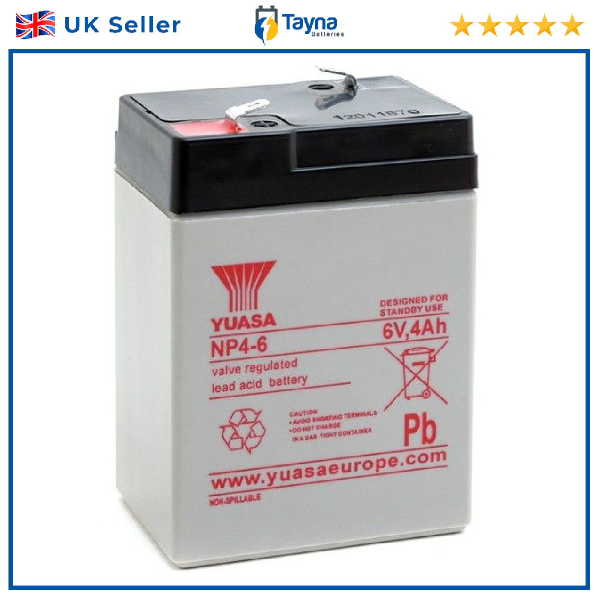 Yuasa NP4-6 Valve Regulated Lead Acid (VRLA) Battery 6V 4Ah