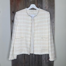 MNG Mango Cream Textured Tweed Open Jacket Fringe Trim Medium