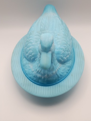 Vintage Westmoreland Blue Milk Glass Duck on Nest Covered Dish Glass Eye Ball - Picture 11 of 24