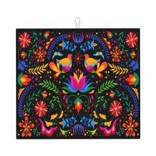 Mexican Dish Drying Mat Flower Decorative Absorbent Reversible Black 16x18 In