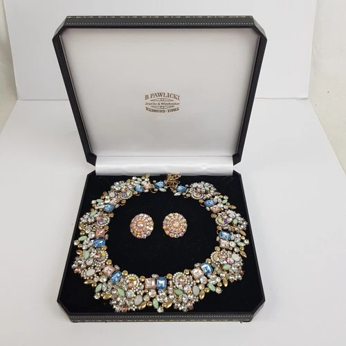 Ladies Blue Pink Green Sparkly Statement Necklace & Stud Earrings Boxed