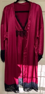 Nightgown And Robe Set Peignoir set 4X Red Satin Black Lace Adjustable Straps