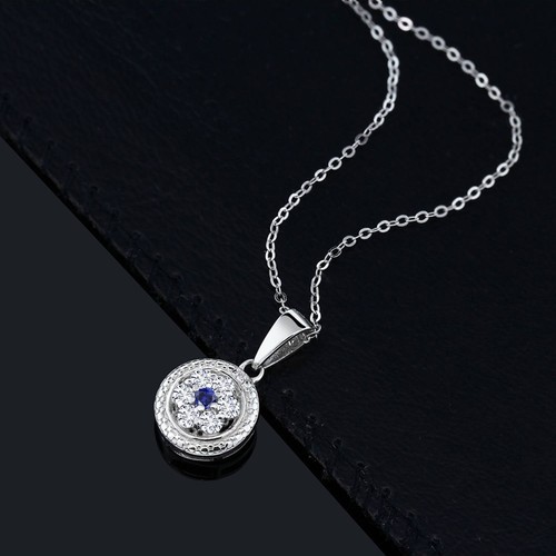 0.35 Ct E-F Lab Grown Diamond Blue Created Sapphire 925 Sterling Silver Pendant - Picture 2 of 3