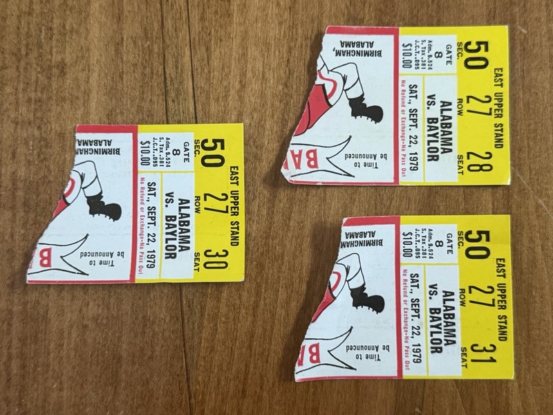 Lot 3 Alabama Vs. Baylor Ticket Stubs Sept 22, 1979 Crimson Tide Football NCAA