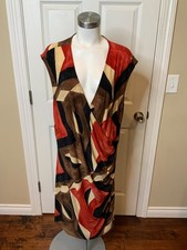 Lauren Ralph Lauren Red Brown Tan Geometric Sleeveless Faux Wrap Dress, Size 3X