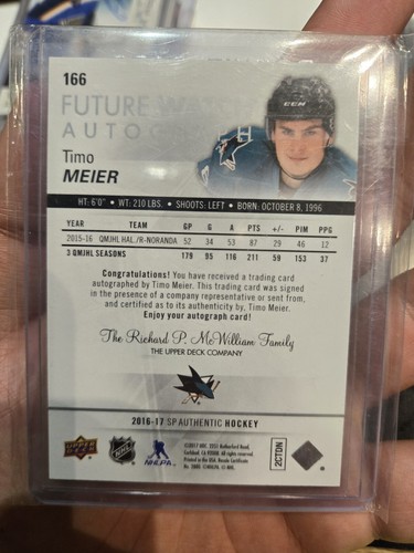 2016-17 SP Authentic Future Watch Timo Meier Auto Autograph 768/999 RC - Picture 4 of 4