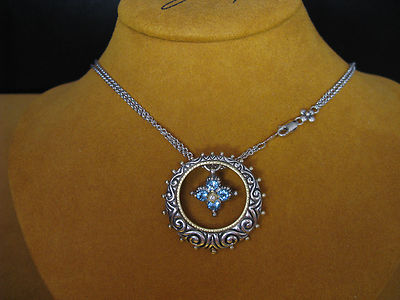 BARBARA BIXBY NECKLACE TOPAZ FLOWER DIAMOND CIRCLE CARVED SS18K CHAIN HE Couture