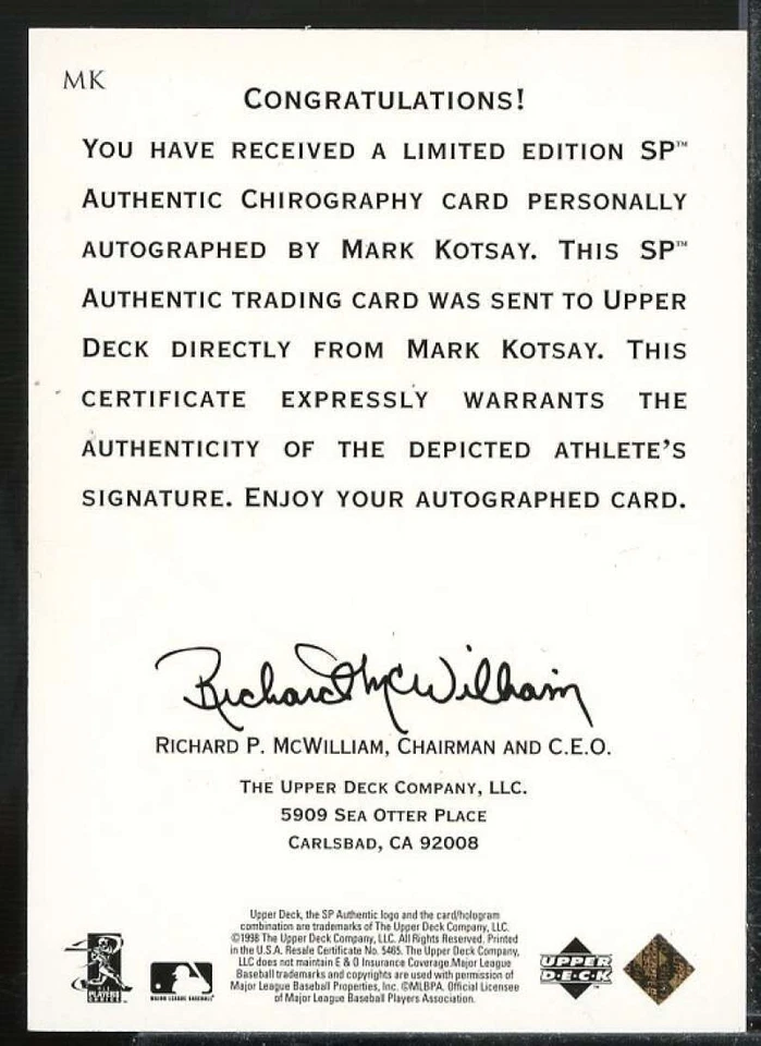 Mark Kotsay Card 1998 SP Authentic Chirography #MK  - Image 2 of 2
