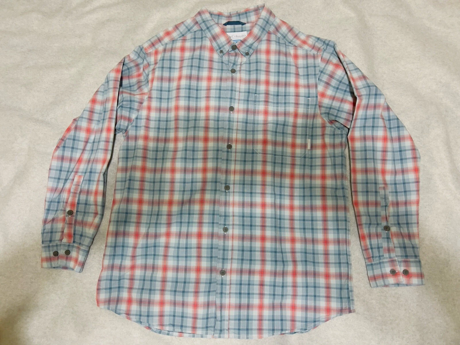 Columbia Shirt Mens Large Red/Blue Plaid Out & Back II Fish Hike Outdoor GORP
