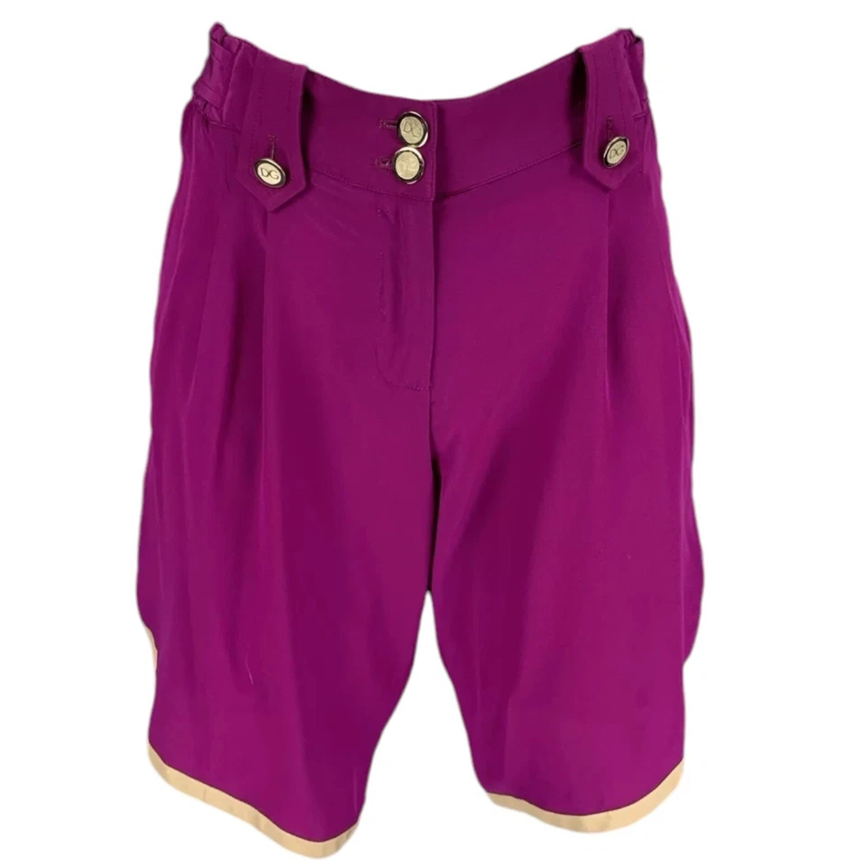 Dolce & Gabbana Purple Silk Beige Trim Logo Button Mid Rise Shorts Sz 42 / 6 - Image 3 of 4