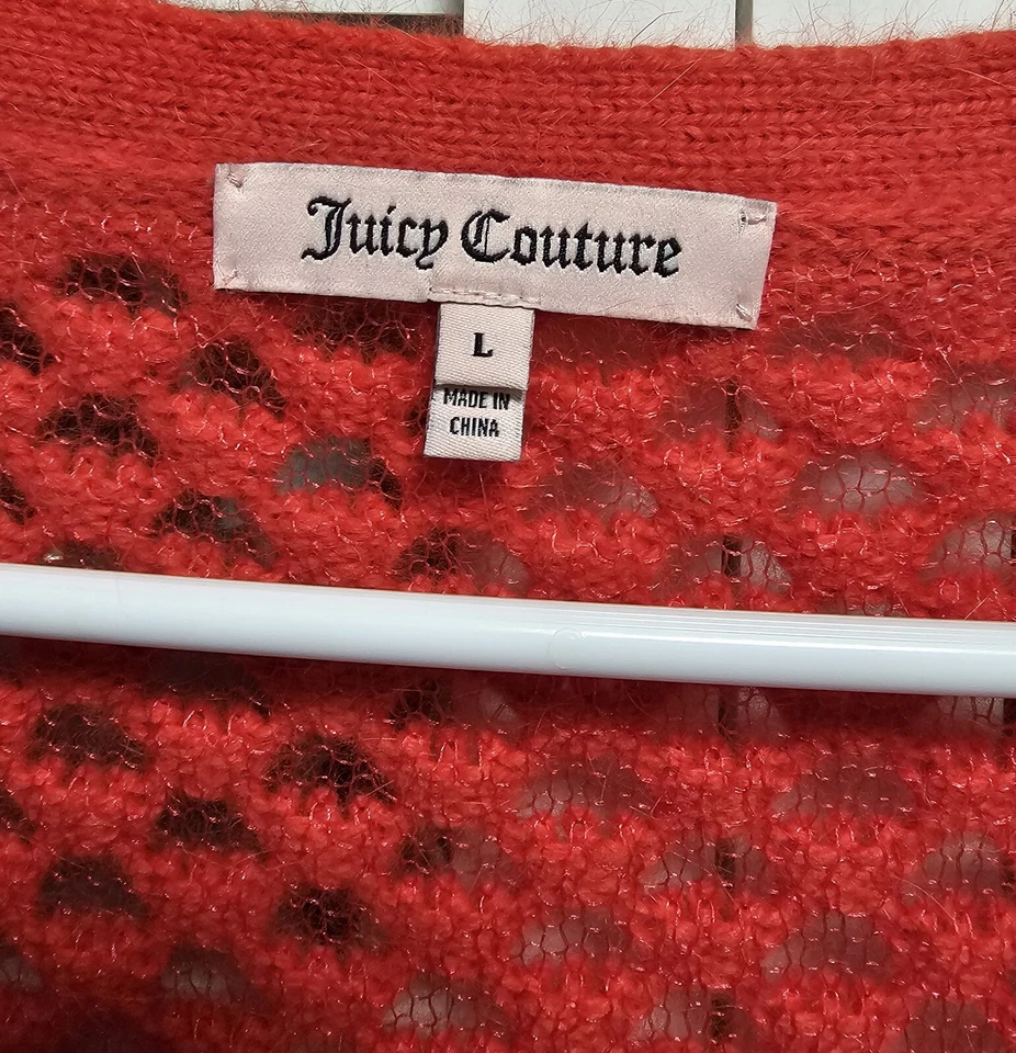 Cárdigan de ganchillo de malla Juicy Couture mezcla de pelo de conejo rojo tejido abierto talla L Foto 2 de 4